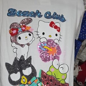 Hello Kitty Sequin Beach Club Tee - White with Pink, Blue & Red